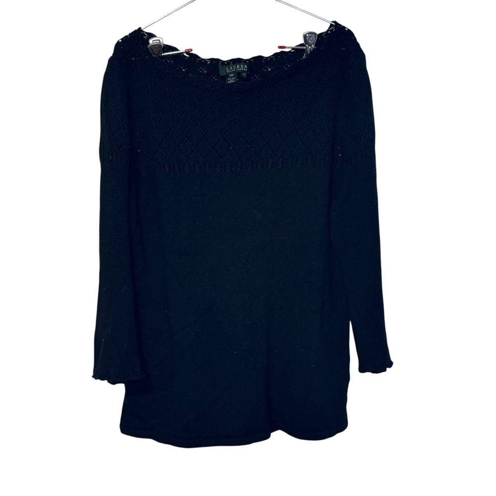 Lauren Ralph Lauren Womens Silk Cashmere Crochet Boatneck Sweater Black XL
